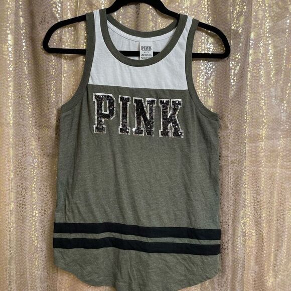 PINK Victorias Secret Olive Green Black Silver Sequin Bling Tank Top, XS - Picture 1 of 4
